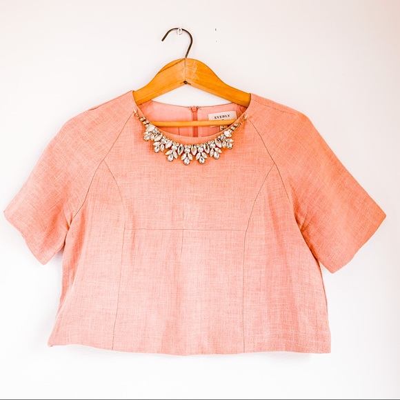 🍑 ANTHROPOLOGIE linen top w/ rhinestones - Picture 1 of 16